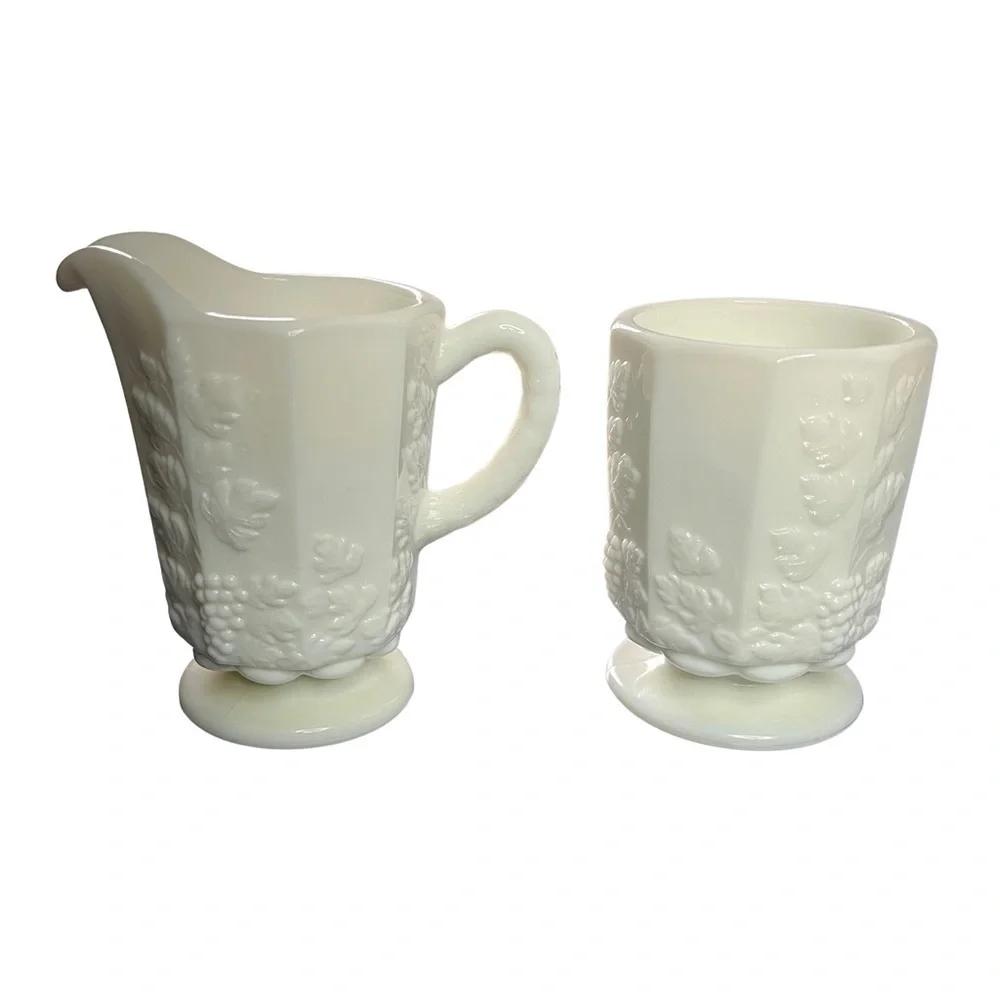 Westmoreland White Milk Glass Paneled Grape Creamer & Sugar Bowl Set